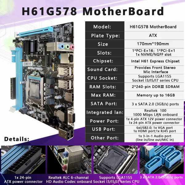 AISURIX H61Motherboard LGA1155 Socket Mobo I3/I5/I7 ATX Intel DDR3 - Image 2